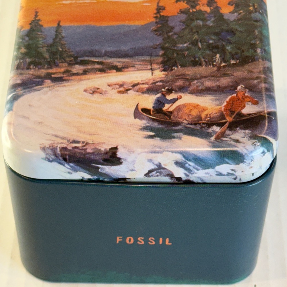 🌄 Retro Fossil Collector’s Tin – Nature Canoe Scene – 3” Square
